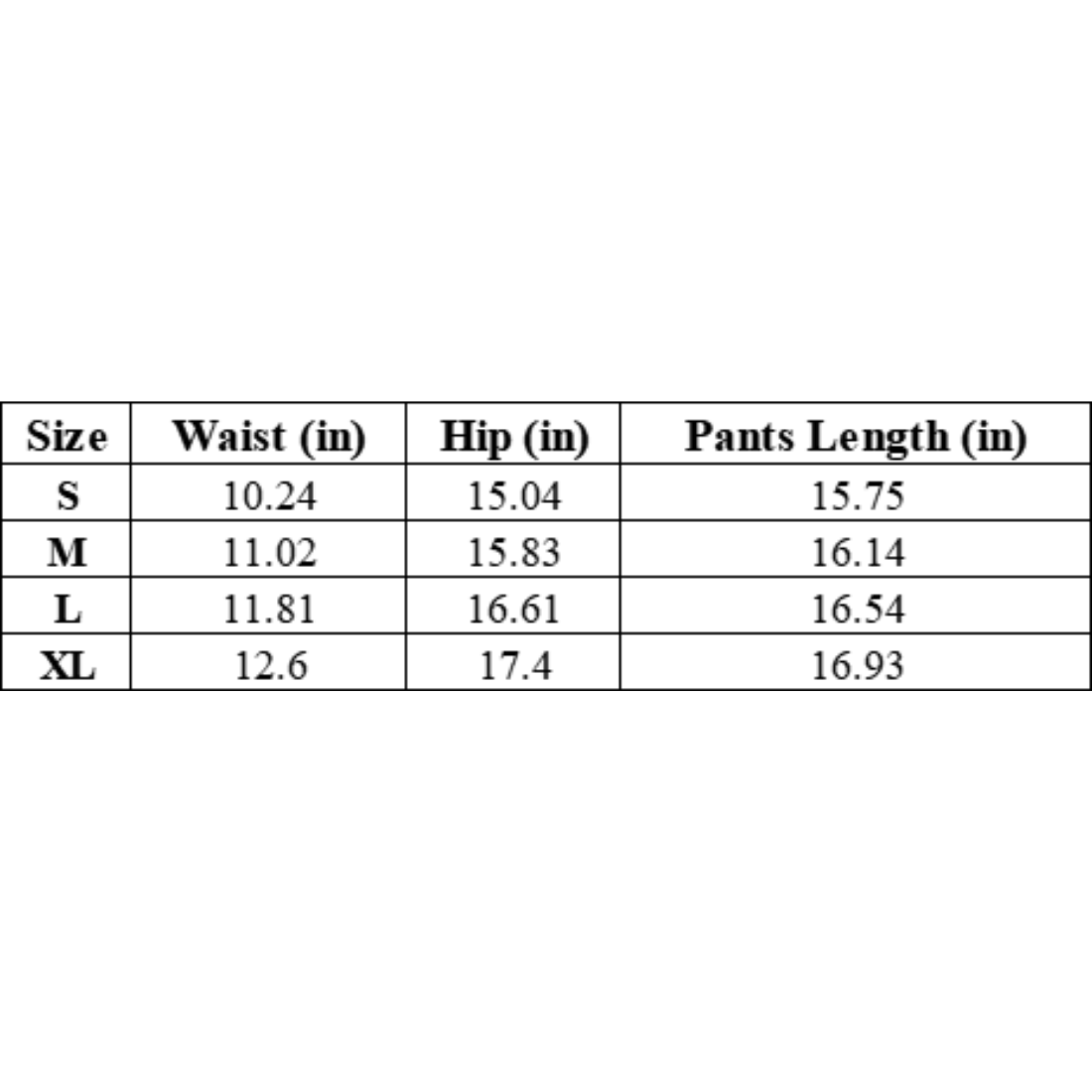 Table showing measurements for pants in various sizes with columns for waist, hip, and pants length.