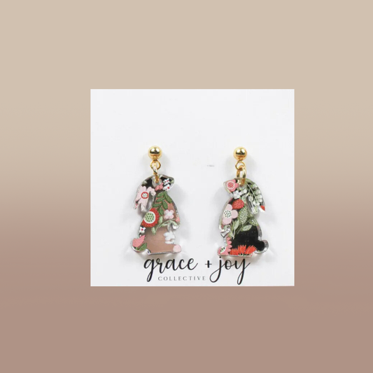 Easter Bunny Floral Dangle Earrings, Acrylic Earrings